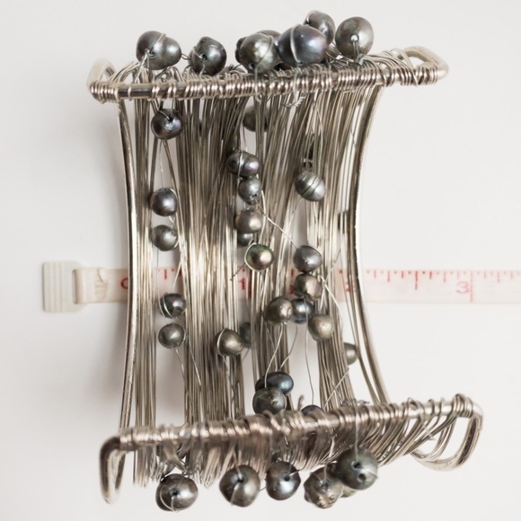 Wide Wire Wrapped Bangle Cuff Bracelet With Black Peacock Freshwater Pearls NWT - Picture 14 of 14